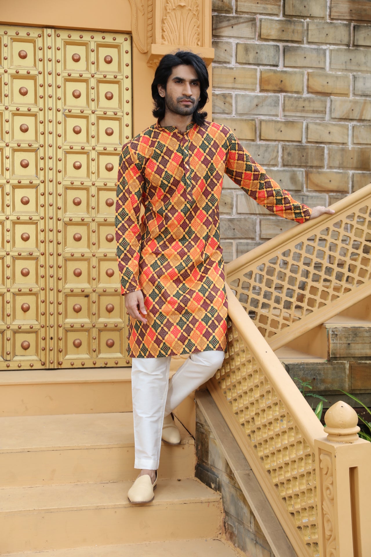 Mustard Checkered Kurta