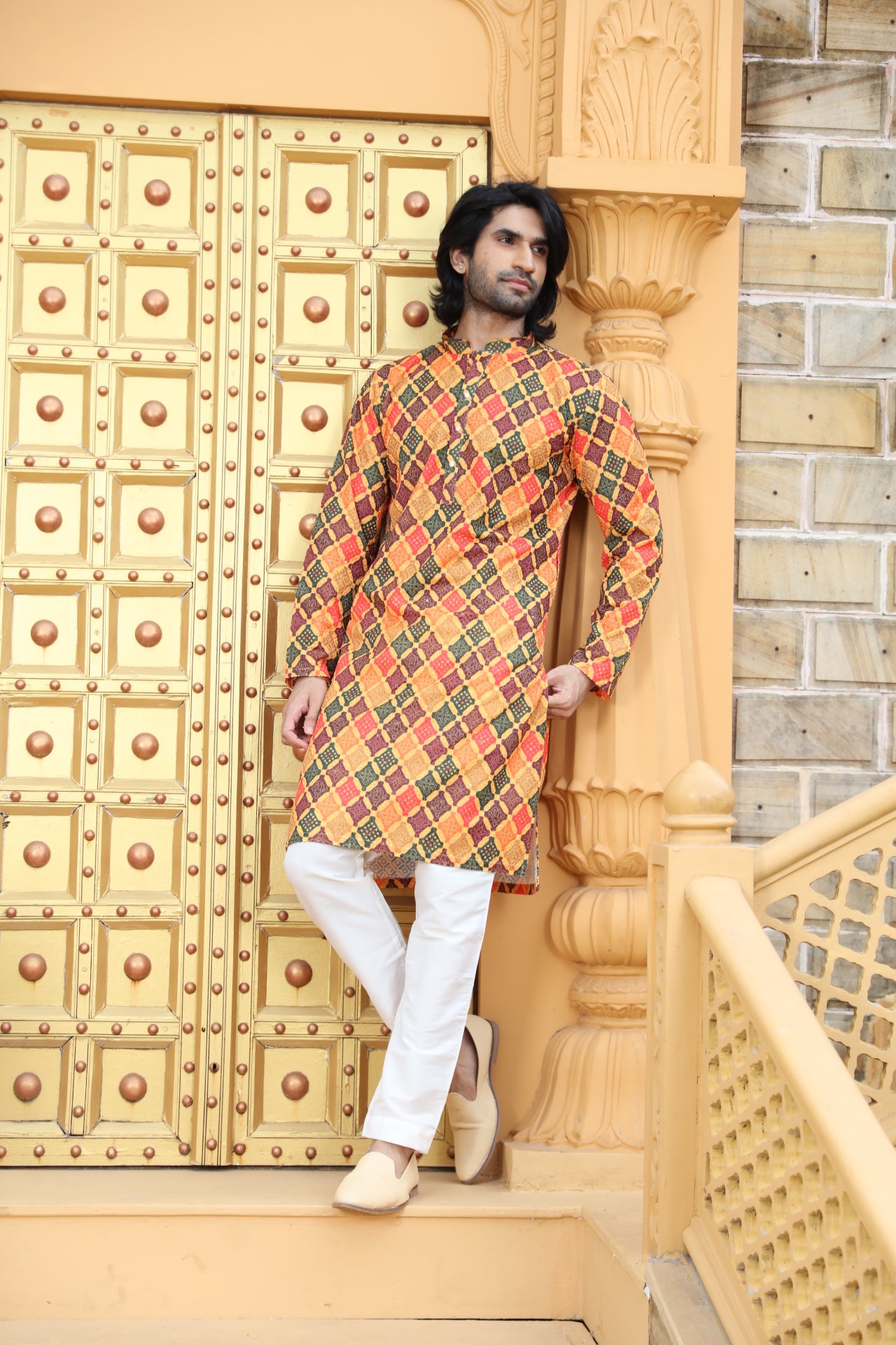 Mustard Checkered Kurta
