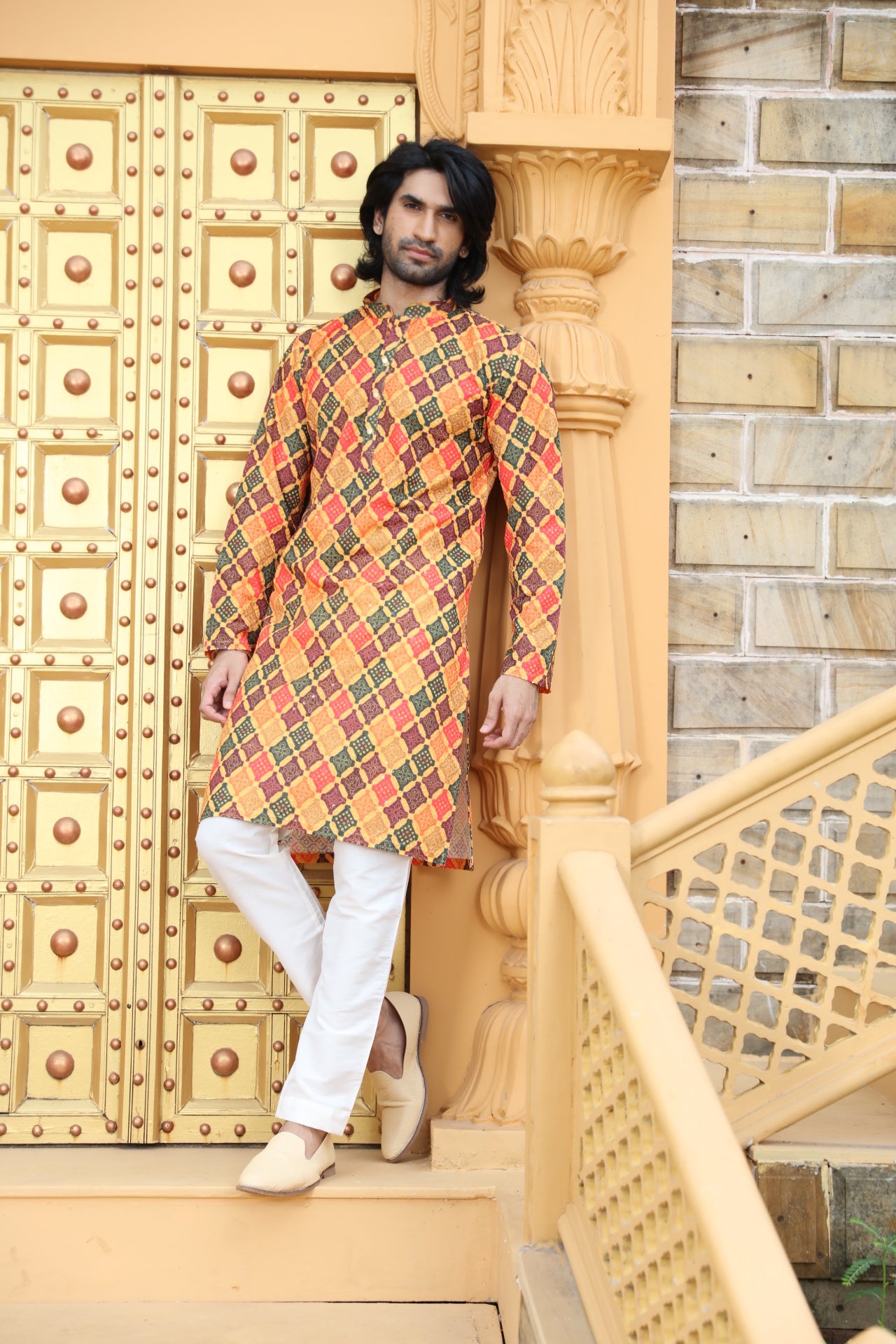 Mustard Checkered Kurta