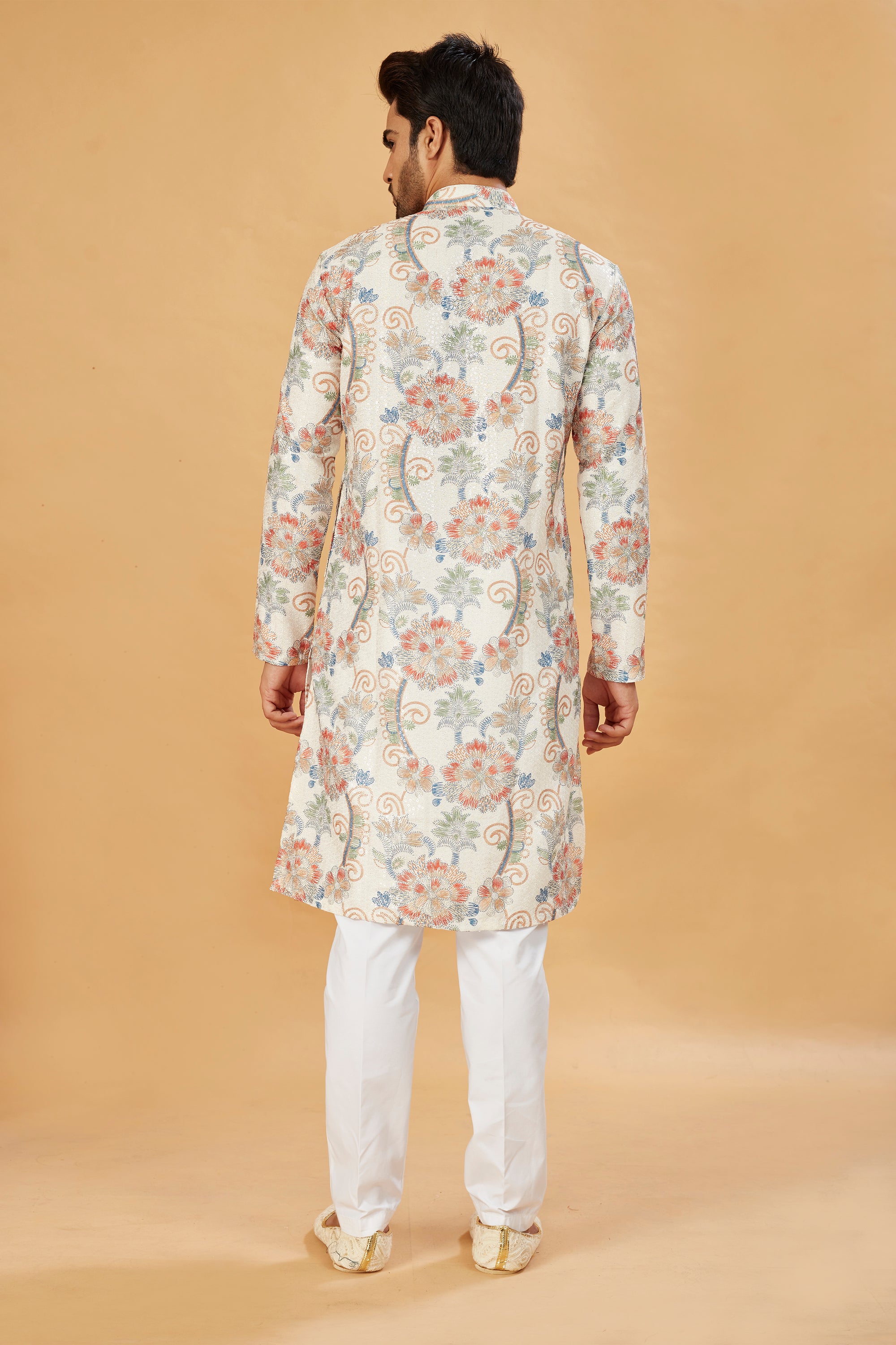 White Kurta with Blue and Beige Floral Print