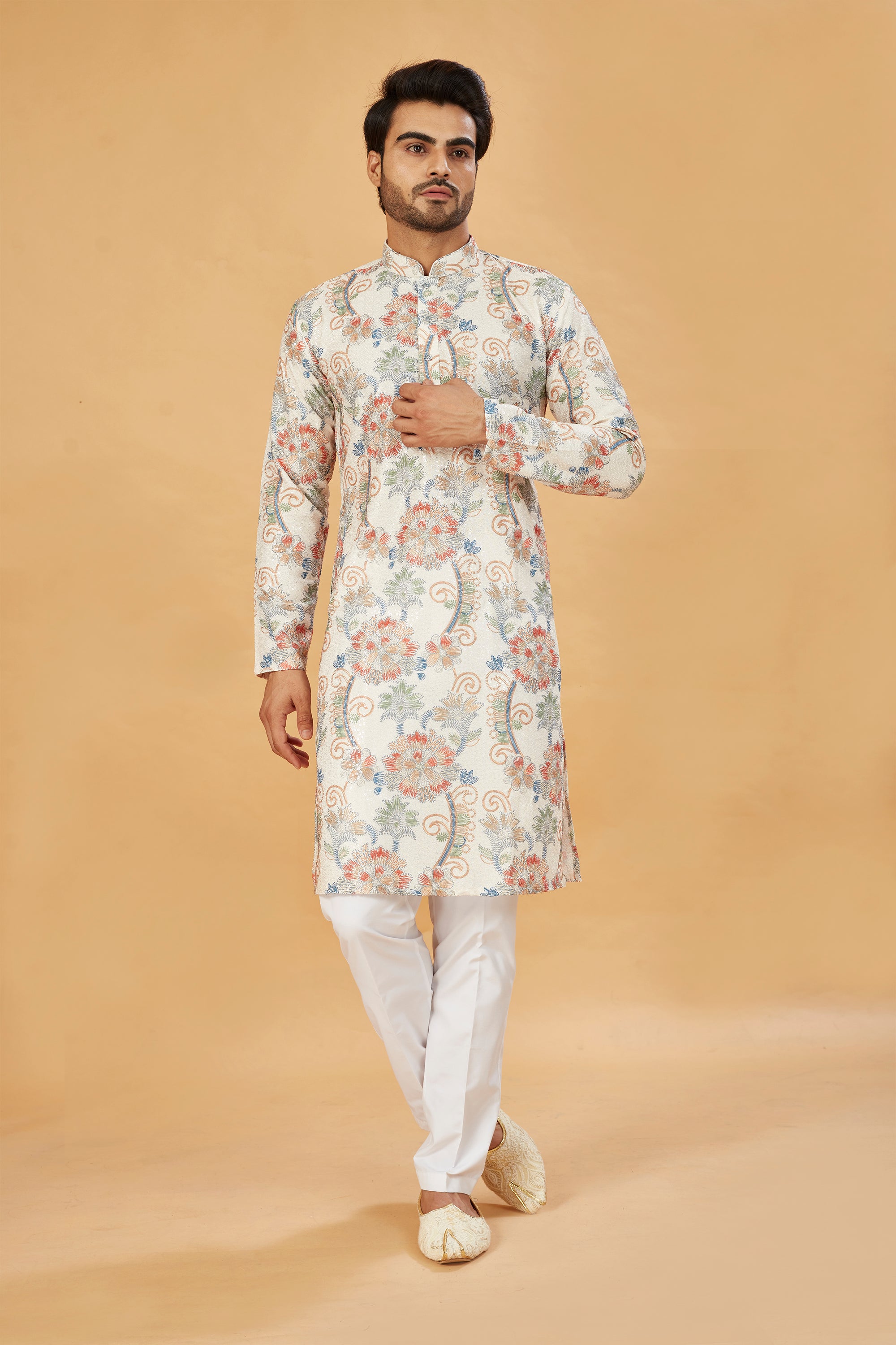 White Kurta with Blue and Beige Floral Print